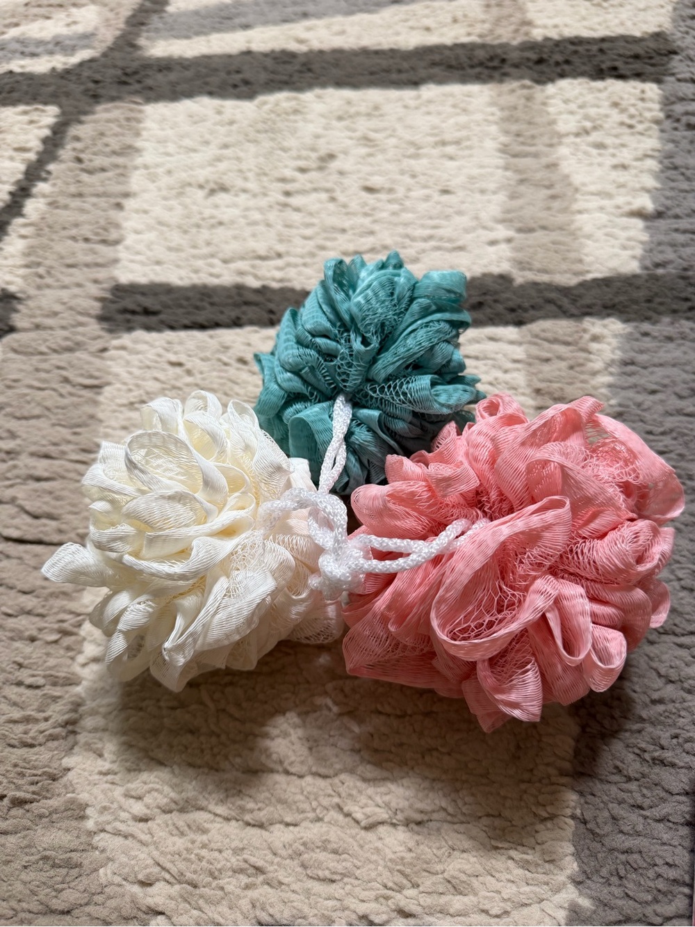 Set of 3 Mesh Shower Poufs - Cream, Teal, Pink